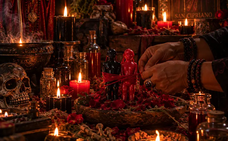 Figuras de cera atadas con cordón rojo para un amarre sexual en el altar