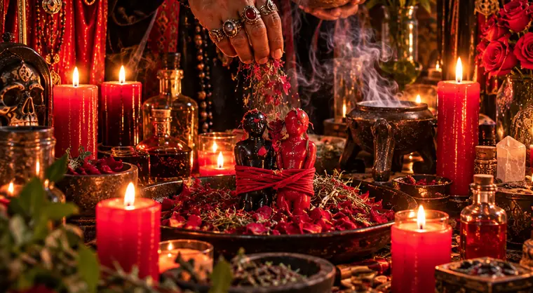 Figuras atadas con listón rojo para hacer un amarre de amor